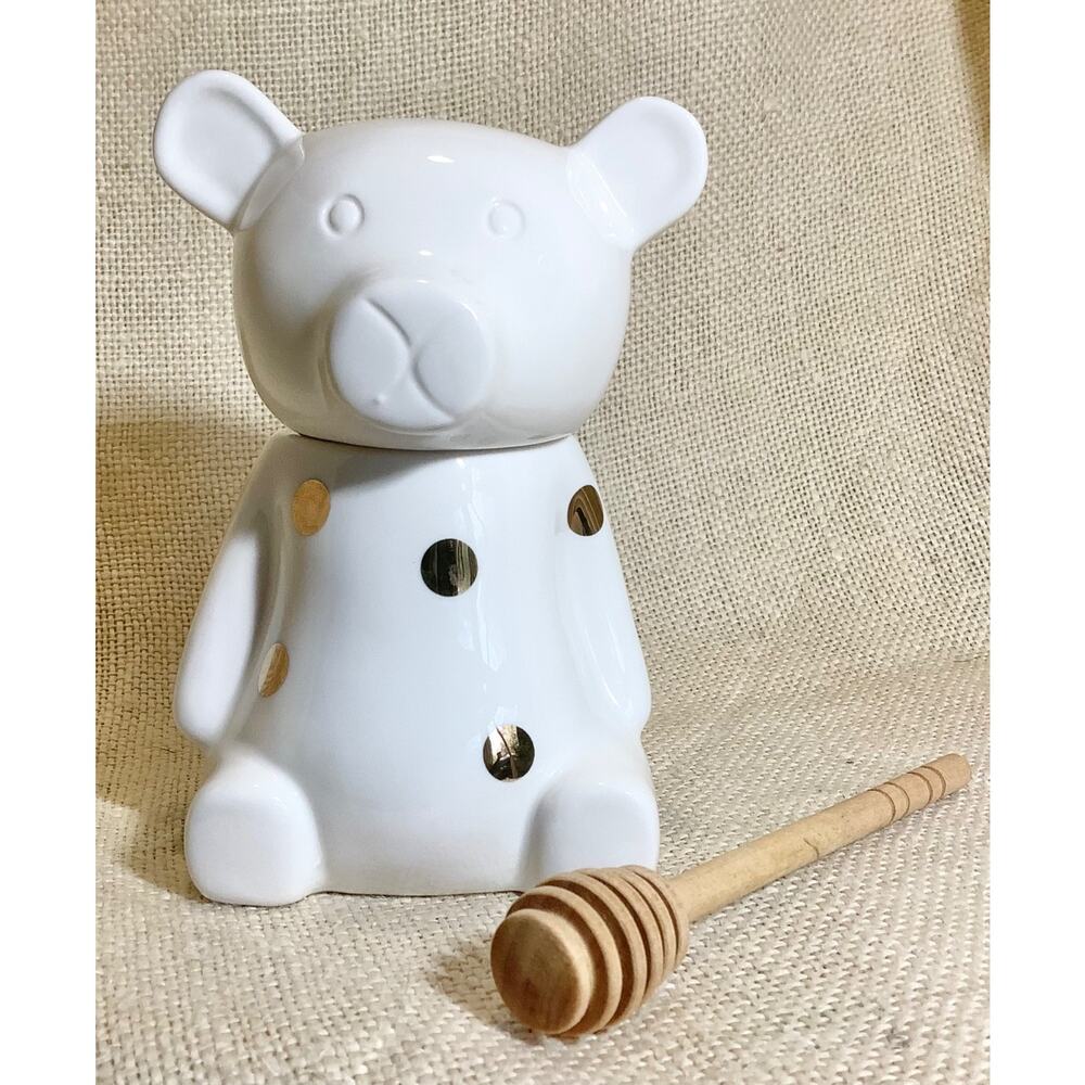 CIROA stoneware Hello Honey teddy bear gold polka dots honey pot jar w/ dipper